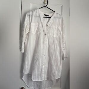 White Longline Button-Down Tunic Blouse 3/4 Sleeve Casual Shirt, S: Med
